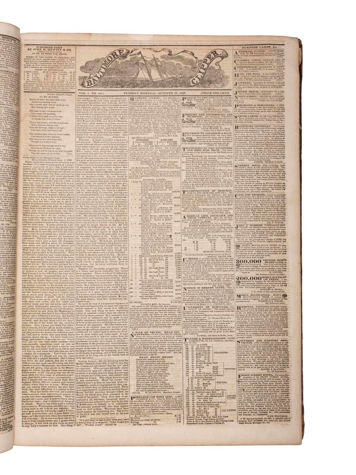 [NEWSPAPERS -- BALTIMORE]. The Baltimore Clipper. Bound volume, 122 issues, October 1839-March 1840.