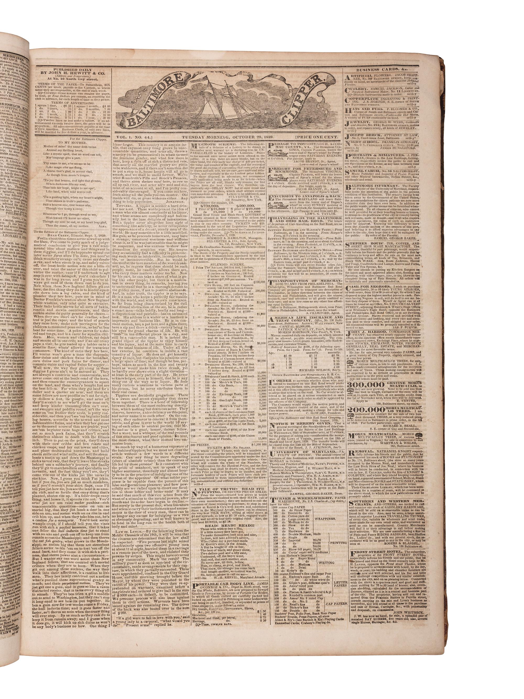 [NEWSPAPERS -- BALTIMORE]. The Baltimore Clipper. Bound volume, 122 issues, October 1839-March 1840.