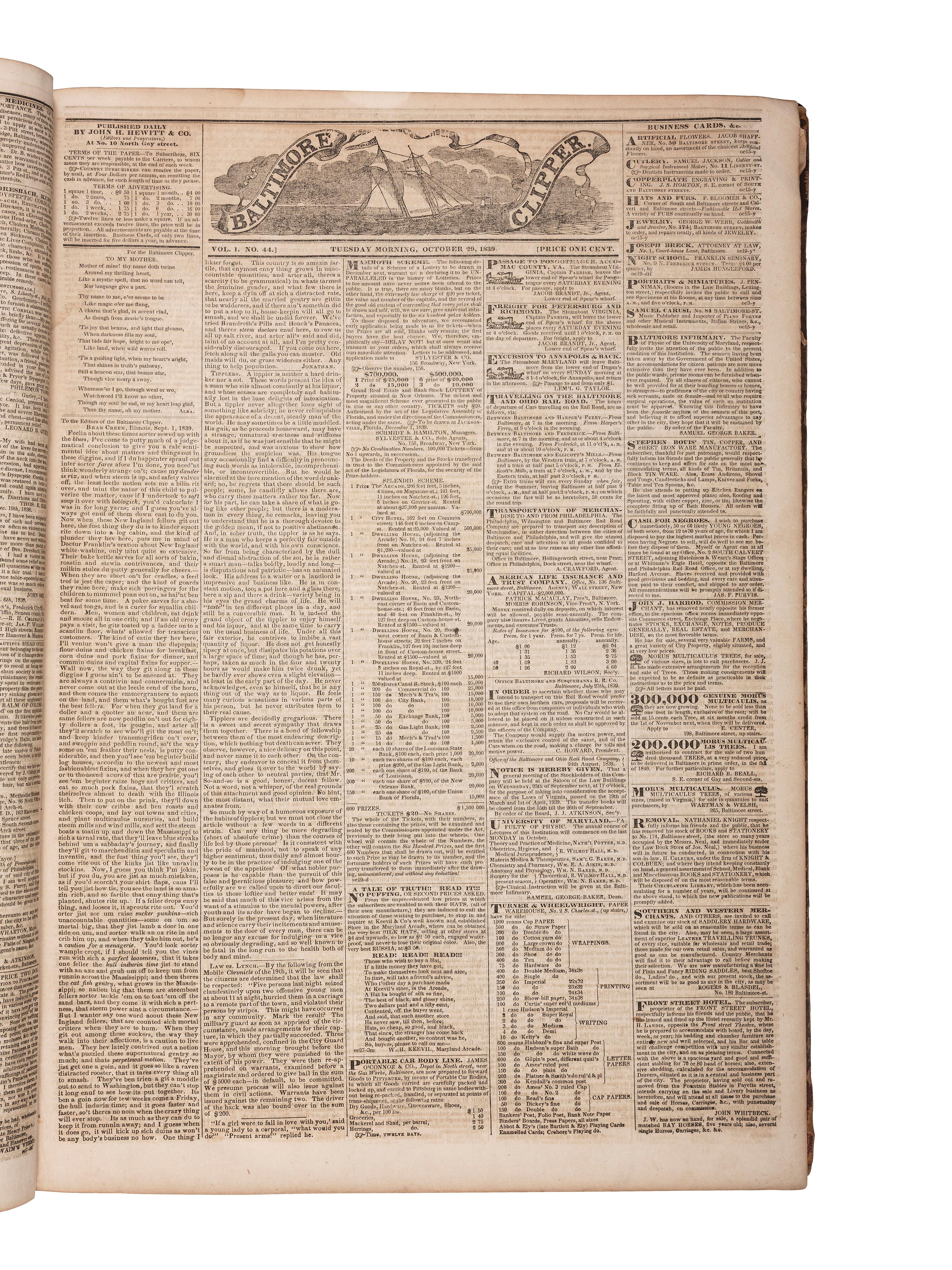 [NEWSPAPERS -- BALTIMORE]. The Baltimore Clipper. Bound volume, 122 issues, October 1839-March 1840.
