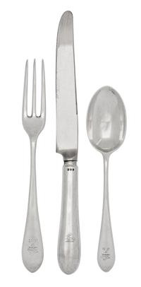 A Partial English Silver Flatware Service, Crichton Bros, 20th Century, comprising: 12 dinner knives 2 luncheon knives 9 dinner forks 1