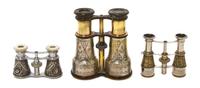 Two Pairs of Silvered Metal Cased Opera Glasses, Width of widest 4 3/4 inches.