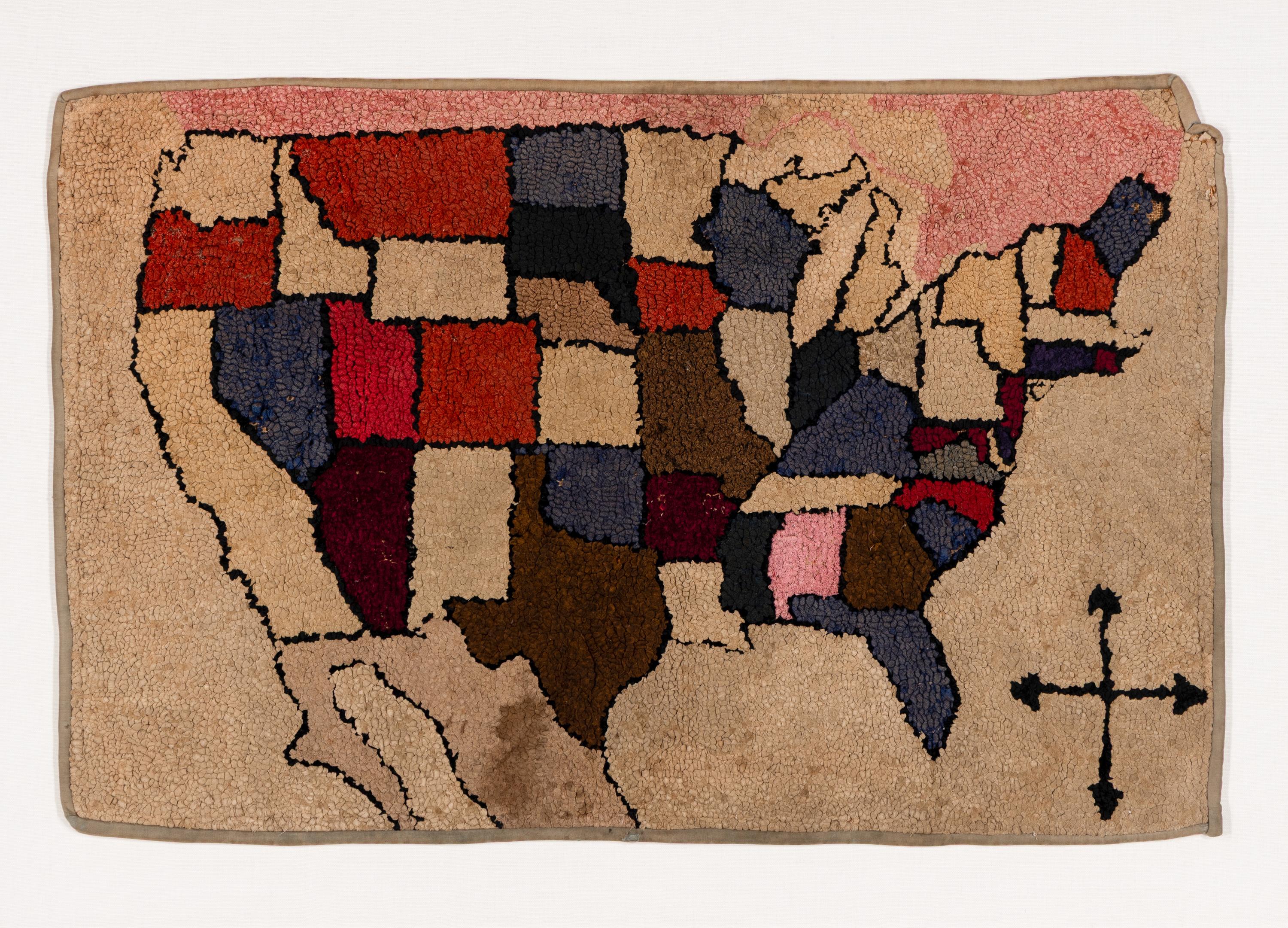 A Hooked Wool Rug Depicting a Map of the United States