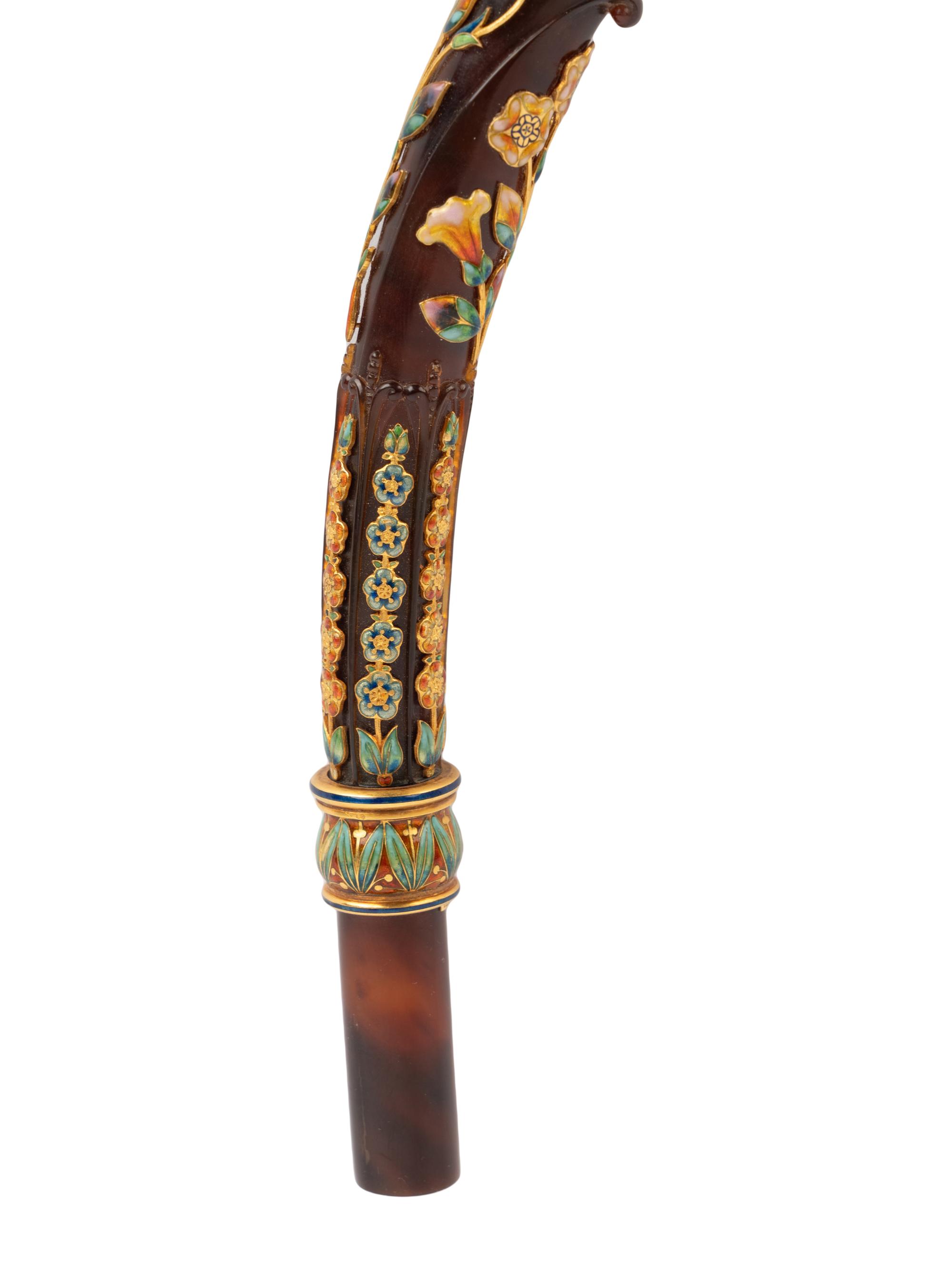 A French Gold-Mounted and Enameled Tortoise Shell Parasol Handle Retailed by Tiffany and Co.