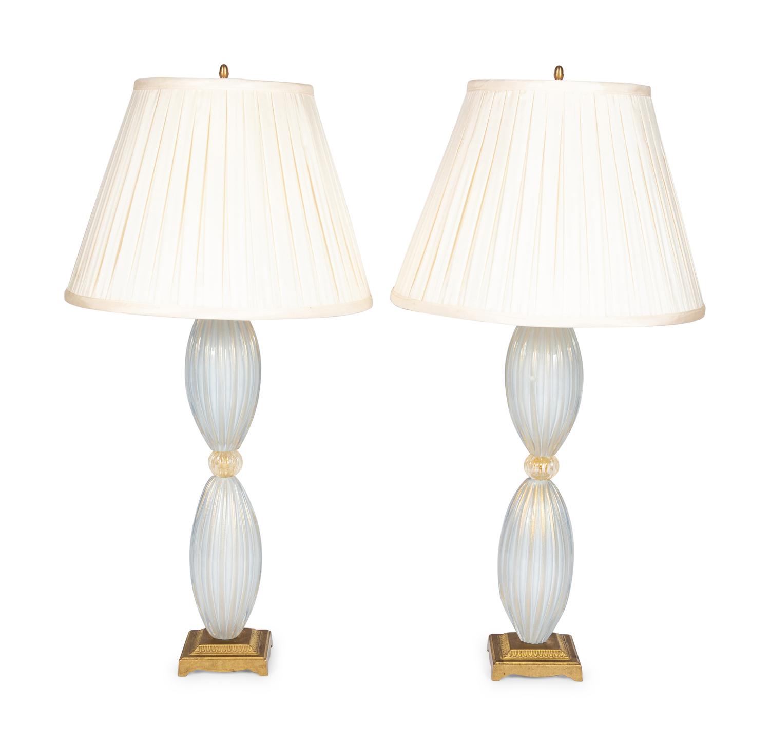 A Pair of Murano Glass Lamps with Pleated Shades