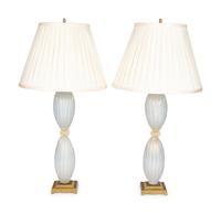 A Pair of Murano Glass Lamps with Pleated Shades