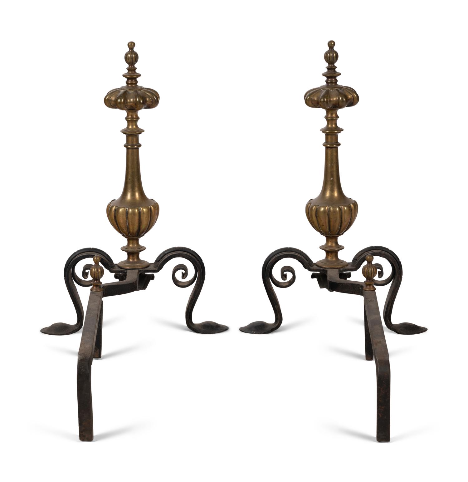 A Pair of Continental Gilt Bronze Lobed Baluster Andirons
