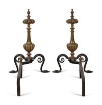 A Pair of Continental Gilt Bronze Lobed Baluster Andirons