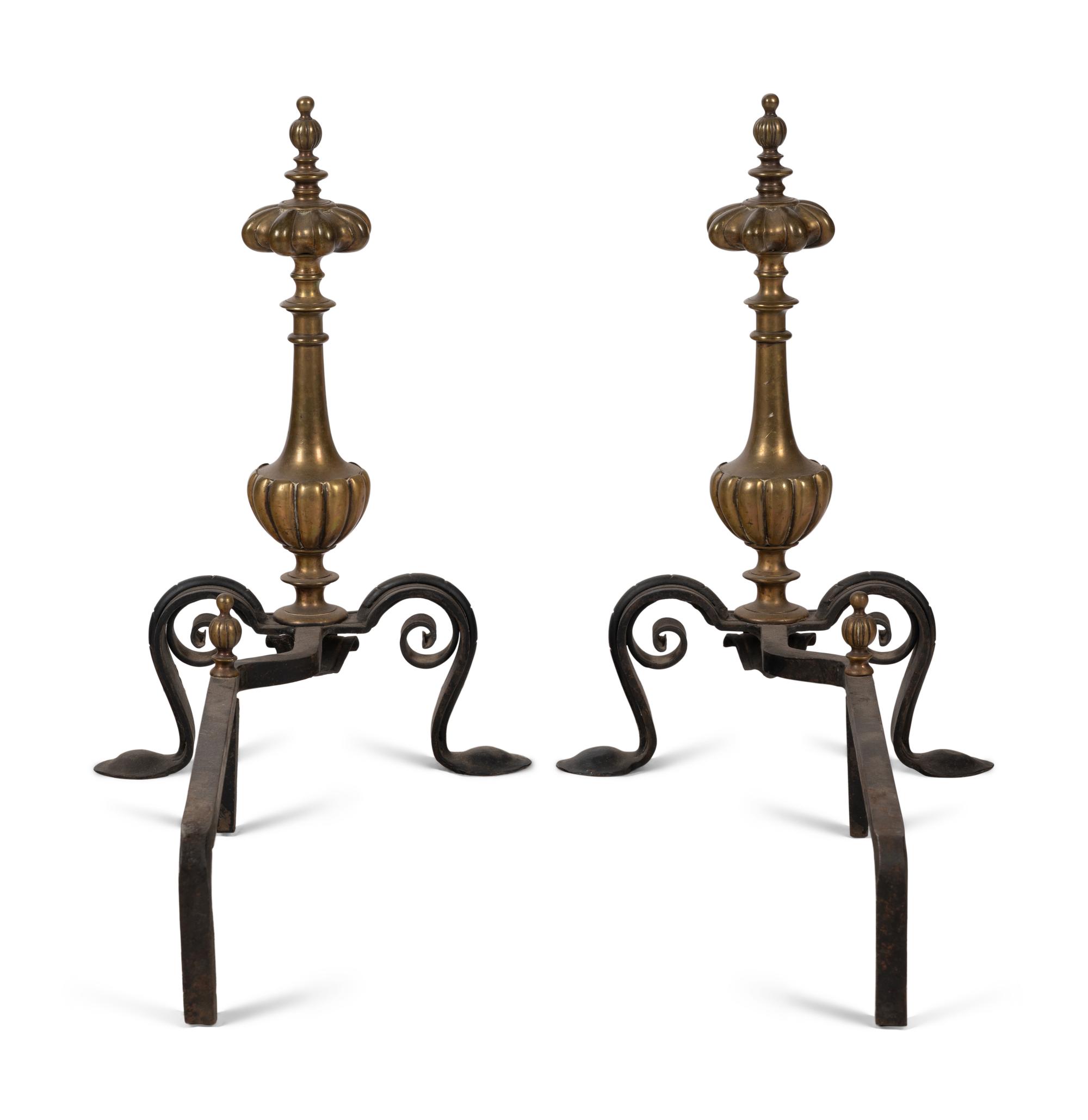 A Pair of Continental Gilt Bronze Lobed Baluster Andirons