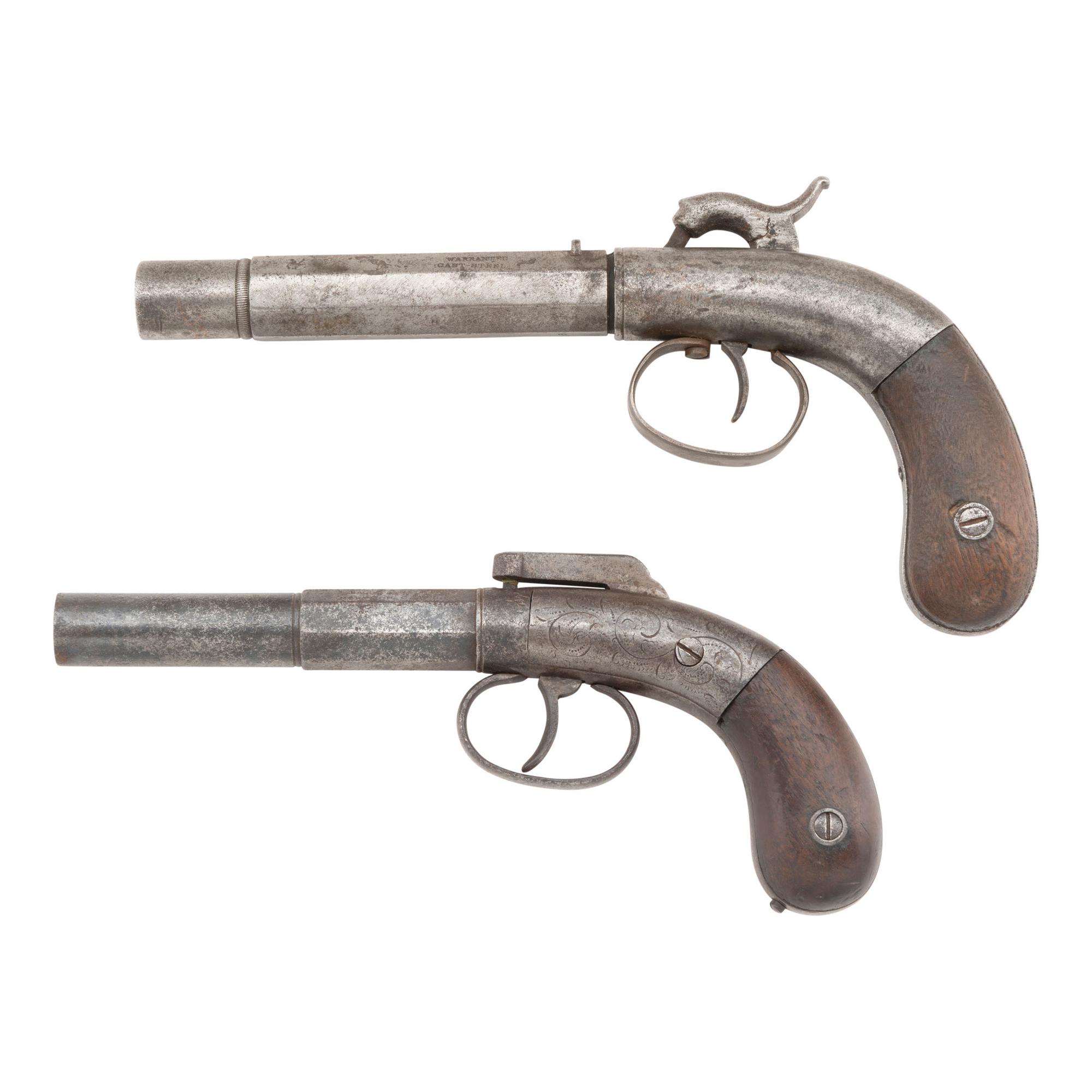 Two Single Shot Percussion Pistols: Bacon Bar Hammer & Stocking