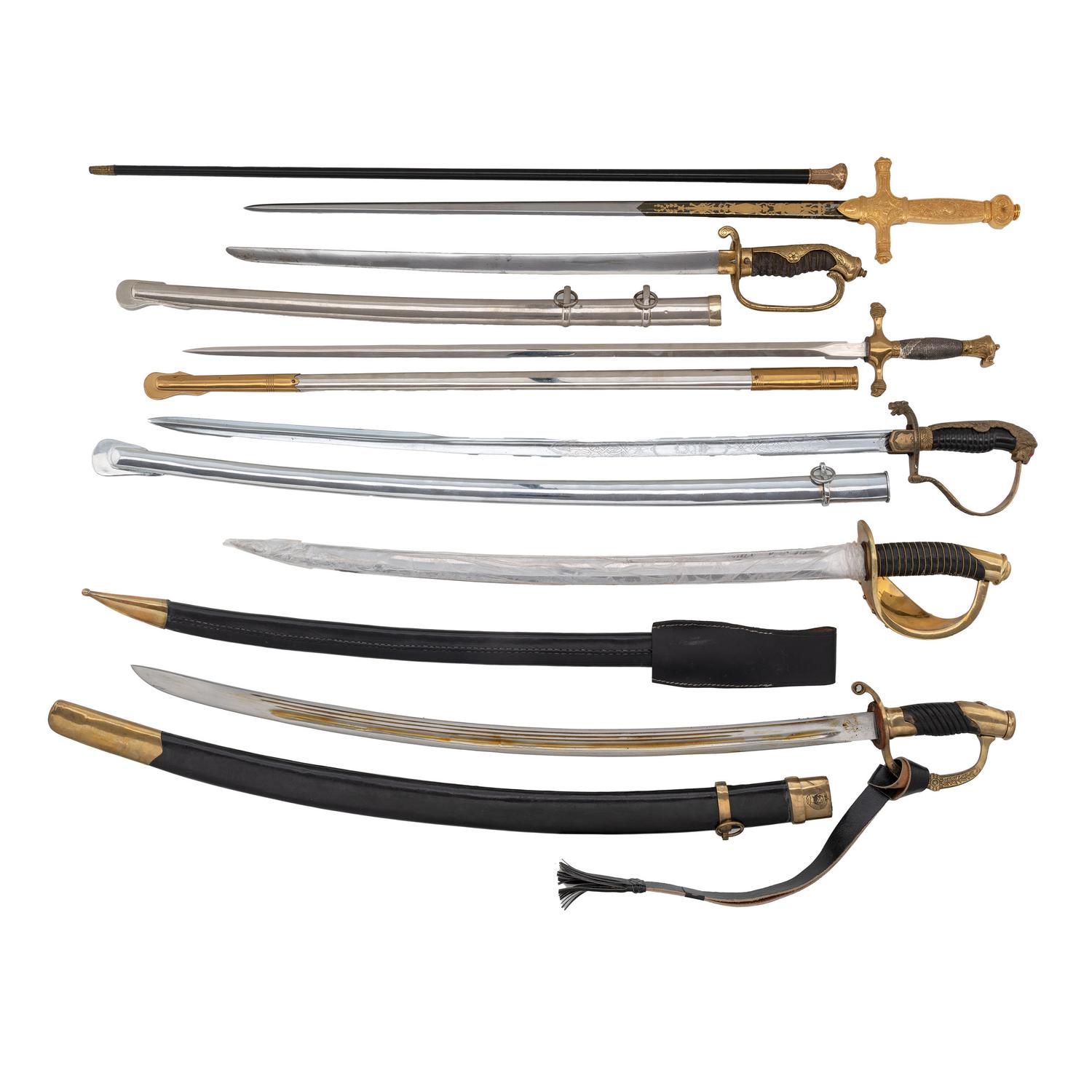 Lot of Six Assorted Reproduction or Contemporary Presentation Swords with One Cane
