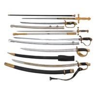 Lot of Six Assorted Reproduction or Contemporary Presentation Swords with One Cane
