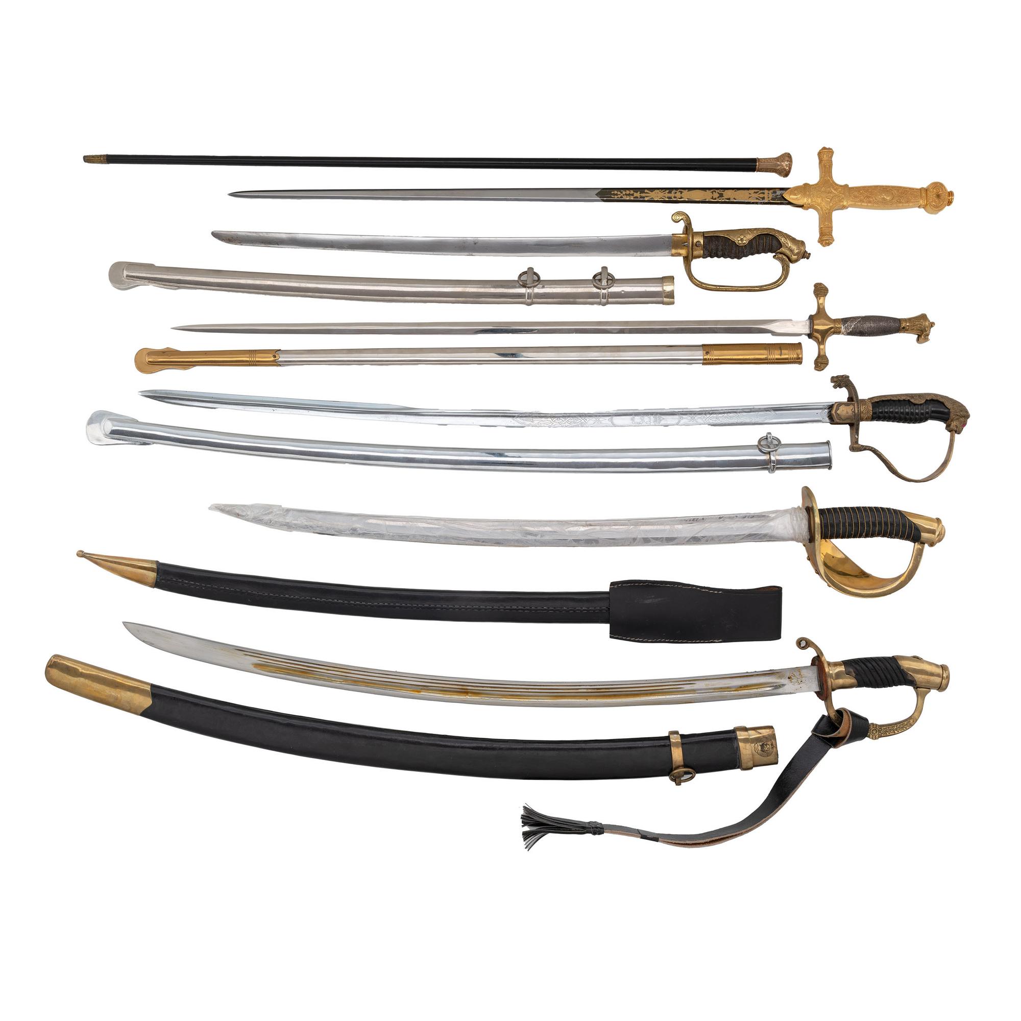 Lot of Six Assorted Reproduction or Contemporary Presentation Swords with One Cane
