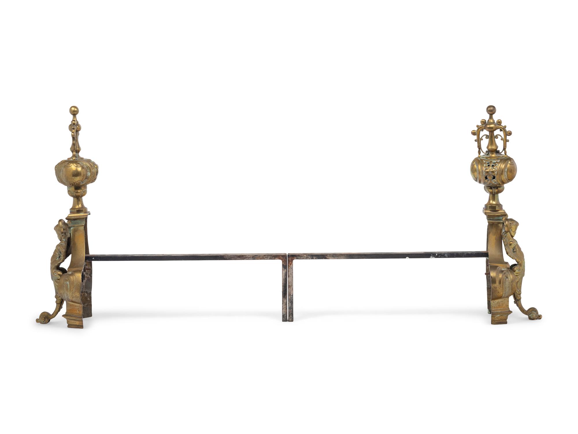 A Pair of Baroque Style Brass Andirons
