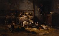 Charles Émile Jacque (French, 1813-1894) — Barn Interior with Sheep and Chickens