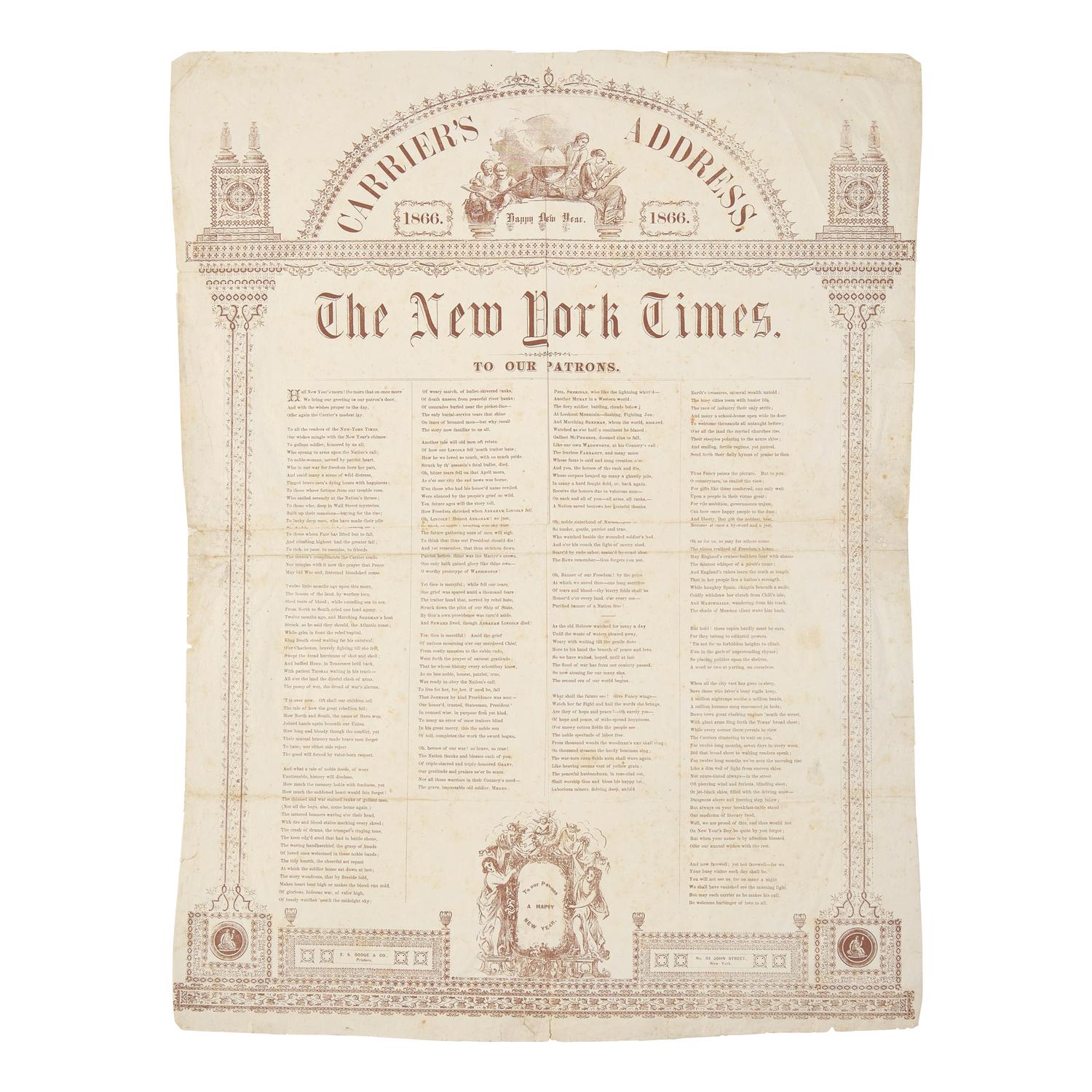 [Lincoln, Abraham] Rare New York Times New Year's Broadside Commemorating the end of the Civil War and the Assassination of President Lincoln