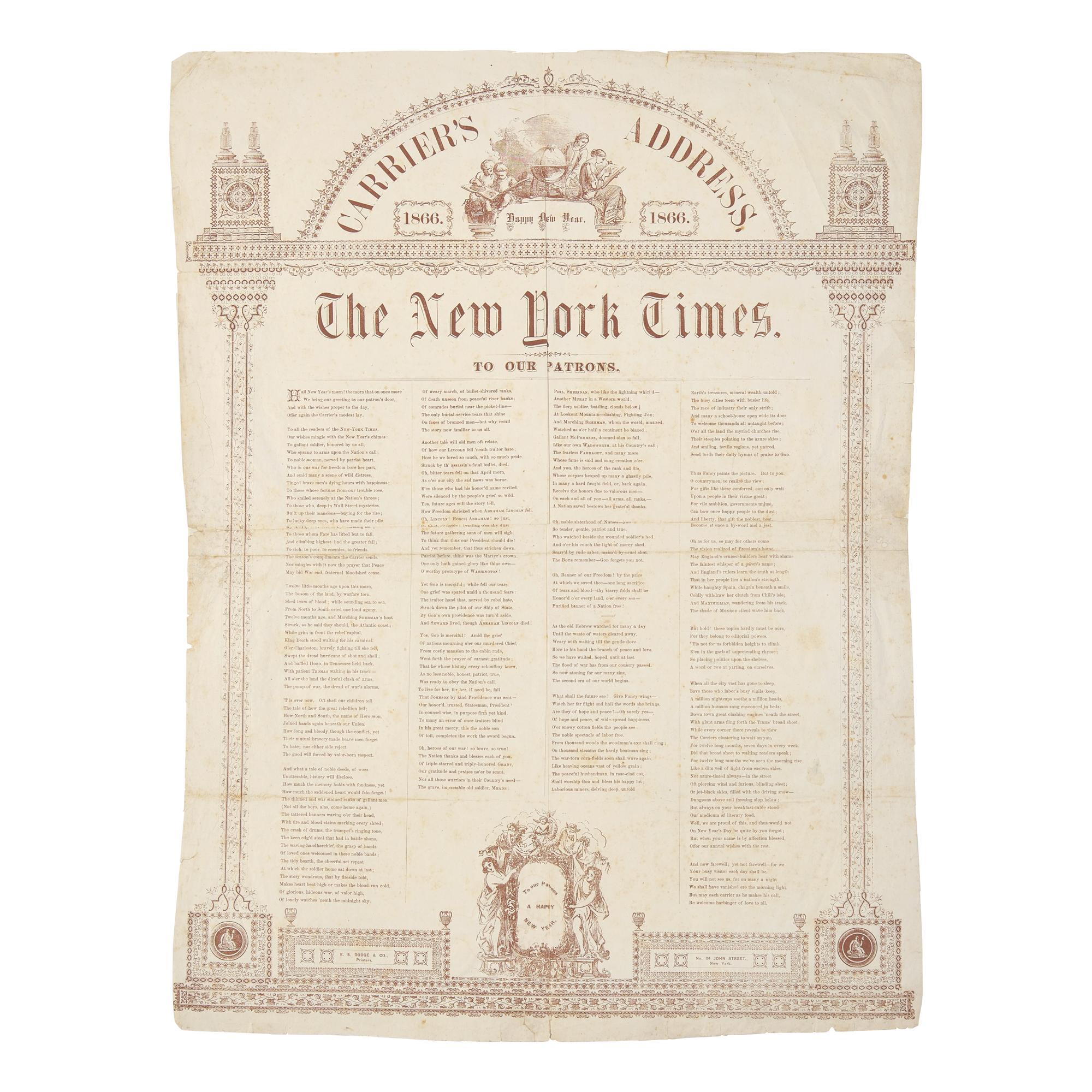 [Lincoln, Abraham] Rare New York Times New Year's Broadside Commemorating the end of the Civil War and the Assassination of President Lincoln