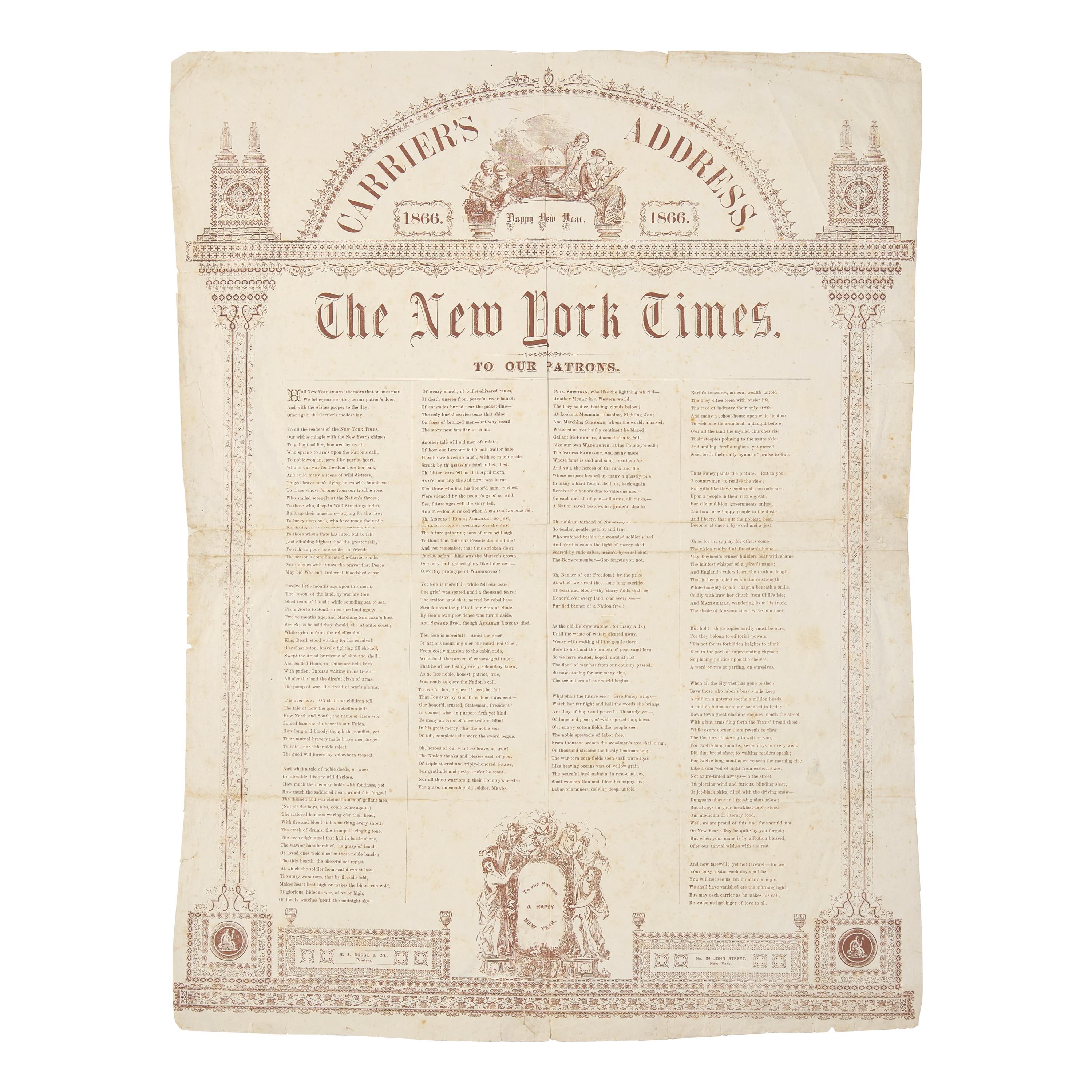 [Lincoln, Abraham] Rare New York Times New Year's Broadside Commemorating the end of the Civil War and the Assassination of President Lincoln