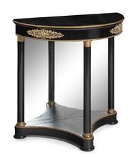 A Pair of Empire Style Gilt Bronze Mounted and Black Lacquered Demi Lune Console Tables