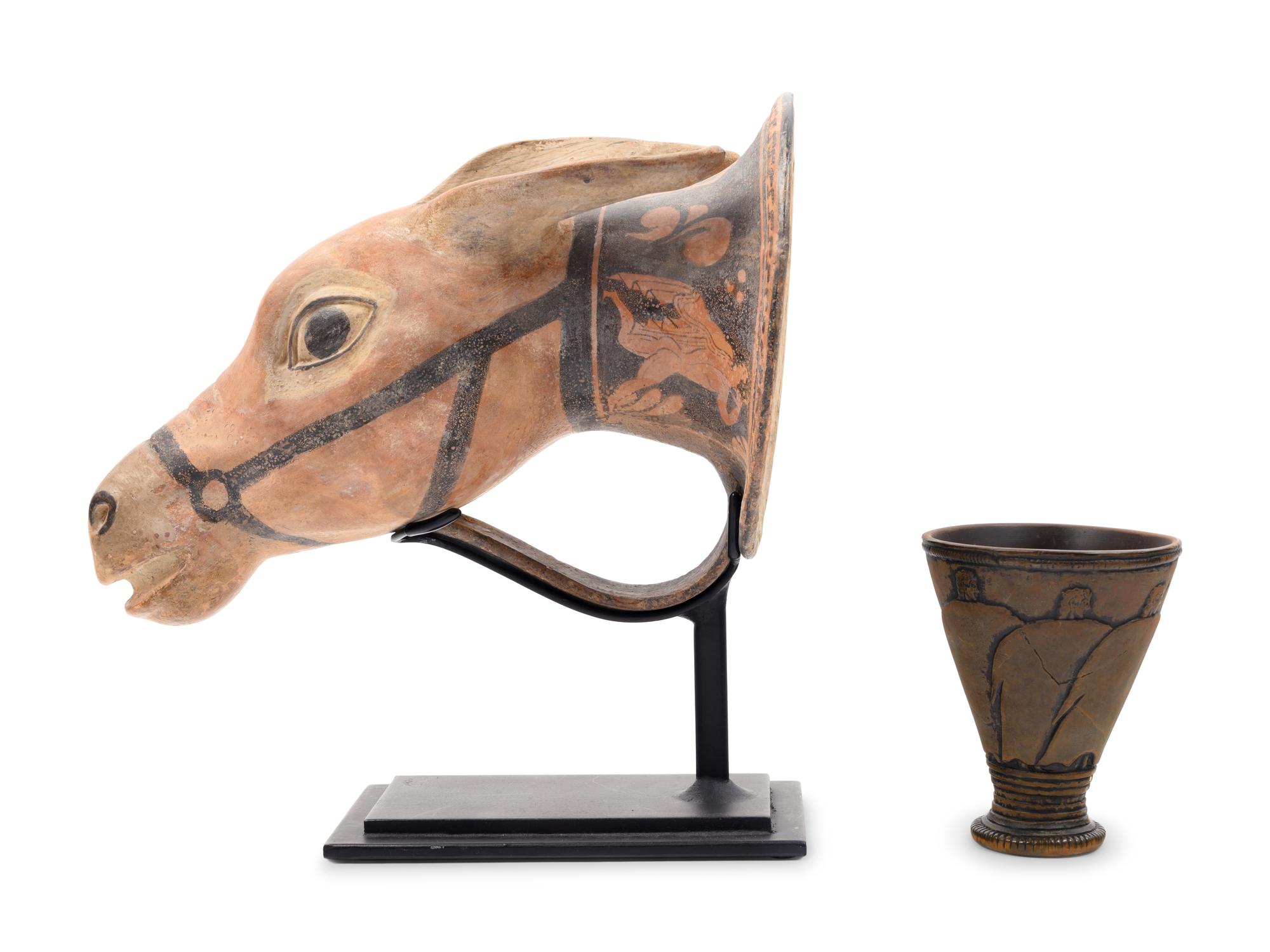 A Red-Figured Mule Head Rhyton after the Antique and a Minoan Style Bronze Goblet
