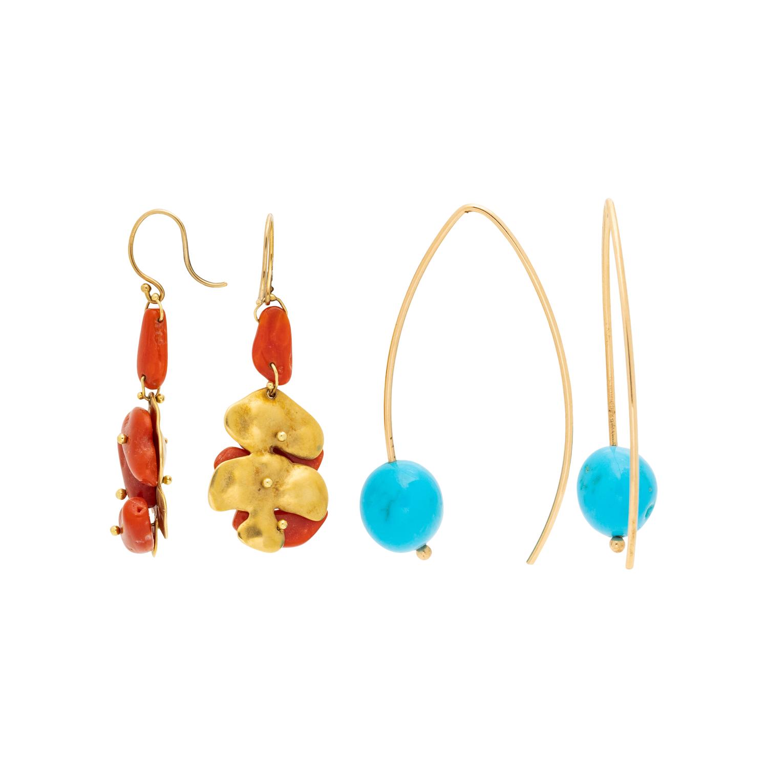 COLLECTION OF YELLOW GOLD, CORAL AND TURQUOISE EARRINGS