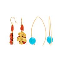 COLLECTION OF YELLOW GOLD, CORAL AND TURQUOISE EARRINGS