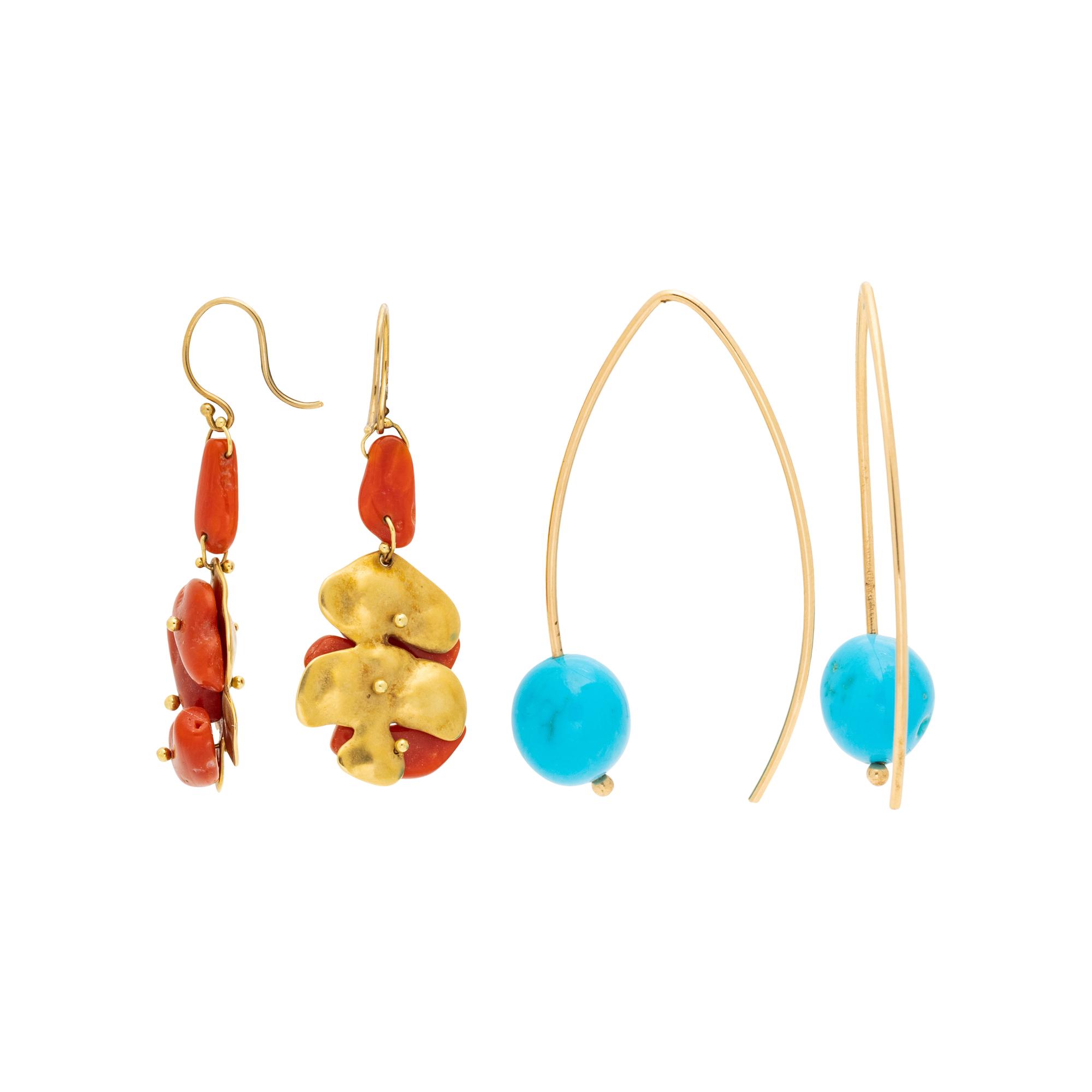 COLLECTION OF YELLOW GOLD, CORAL AND TURQUOISE EARRINGS