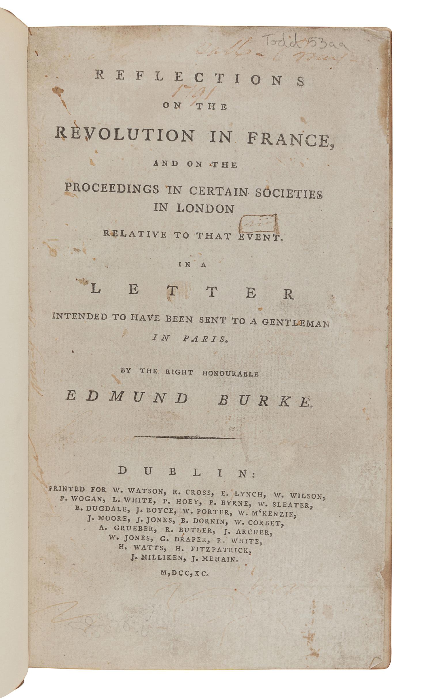 [THE FRENCH REVOLUTION]. A sammelband of Dublin editions of works by Edmund Burke, Joseph Priestley, Rev. R. Nares, William Eden, and Charles-Francois Dumouriez, comprising: