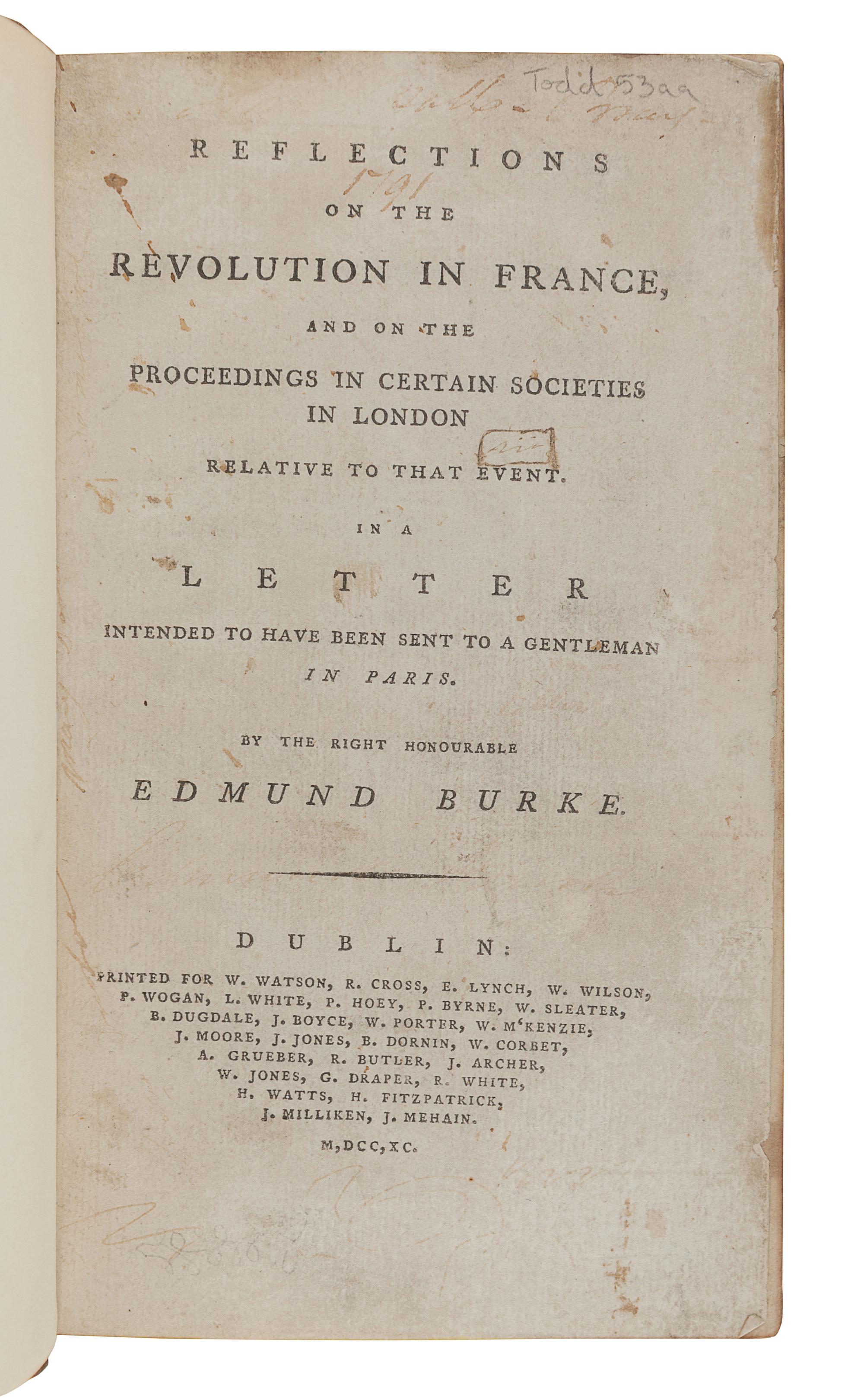[THE FRENCH REVOLUTION]. A sammelband of Dublin editions of works by Edmund Burke, Joseph Priestley, Rev. R. Nares, William Eden, and Charles-Francois Dumouriez, comprising: