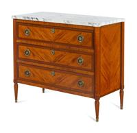 A Louis XVI Style Mahogany and Satinwood Marble-Top Commode