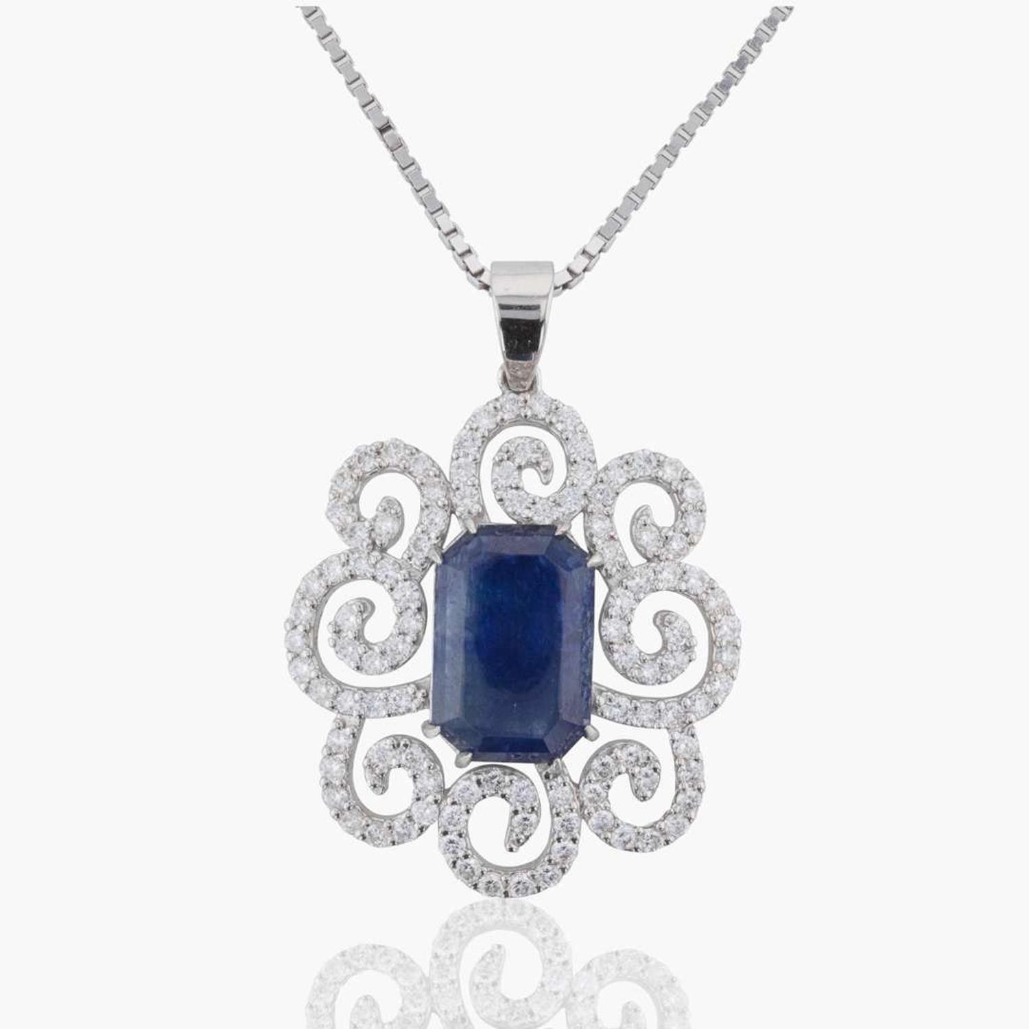 An 18K White Gold Necklace with Sapphire and Diamond Pendant Natural Sapphire, Afghanistan
