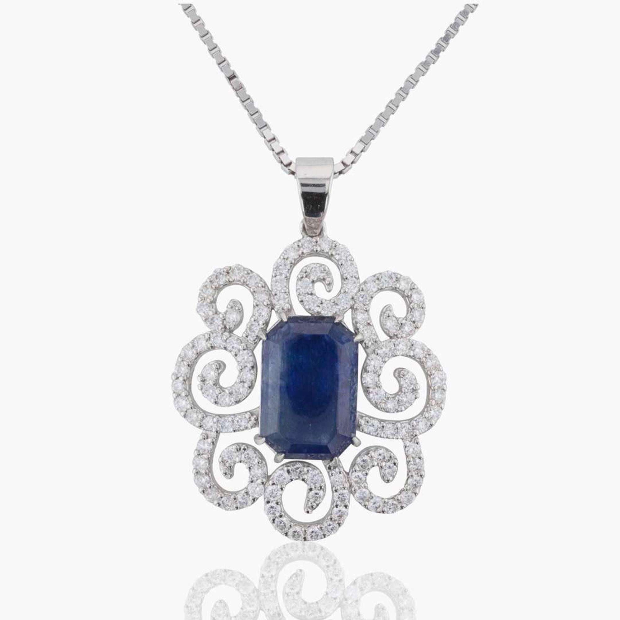 An 18K White Gold Necklace with Sapphire and Diamond Pendant Natural Sapphire, Afghanistan