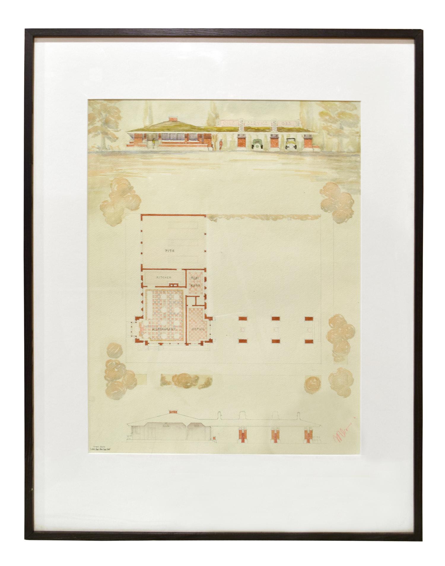 Two Framed Architectural Presentation Renderings from the University of Illinois Architecture Department 26" W x 1.5" D x 34.5" H — United States, 20th Century
