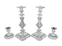 Two Pairs of English Silver-Plate Candlesticks