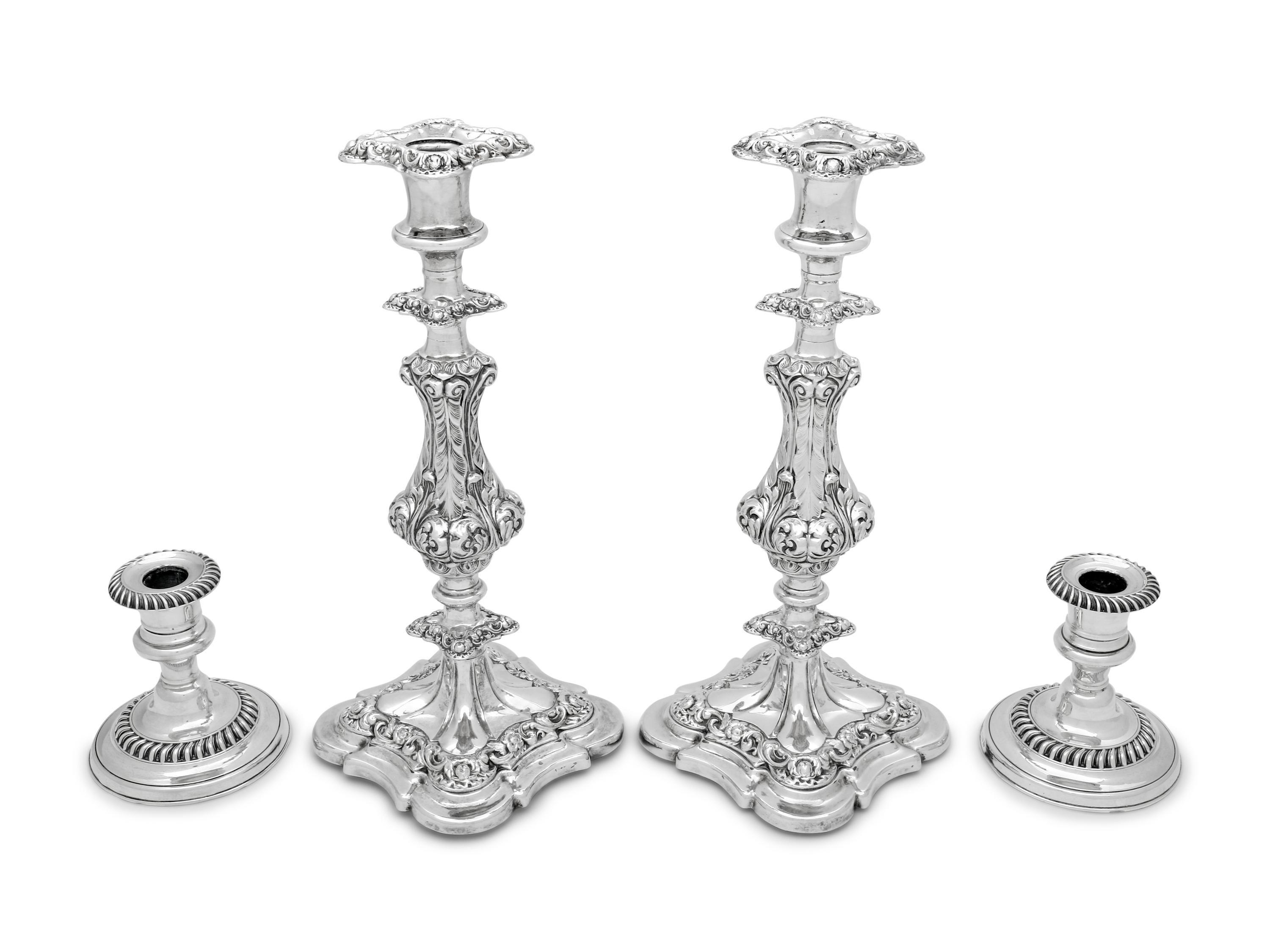 Two Pairs of English Silver-Plate Candlesticks