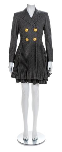 Atelier Versace Grey Jacket with Pleated Peplum and Matching Pleated Skirt, 1990s Size label: 42