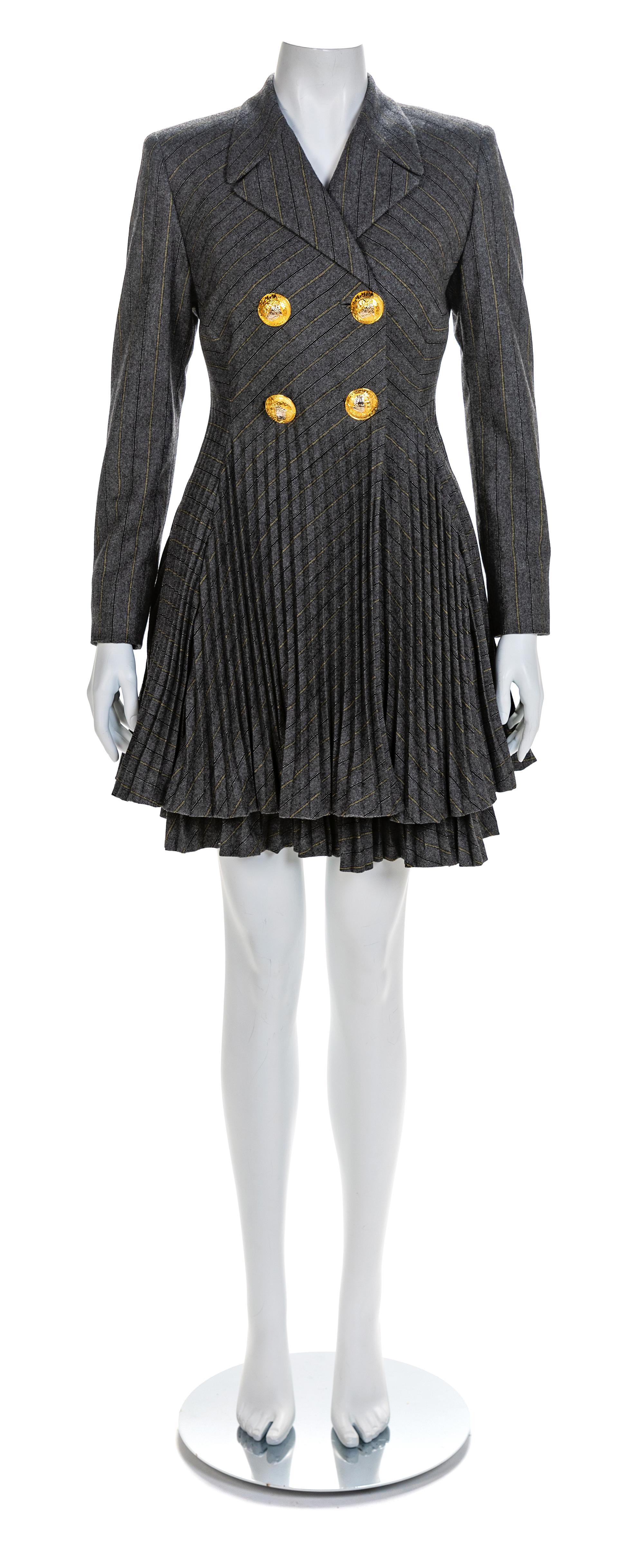 Atelier Versace Grey Jacket with Pleated Peplum and Matching Pleated Skirt, 1990s Size label: 42