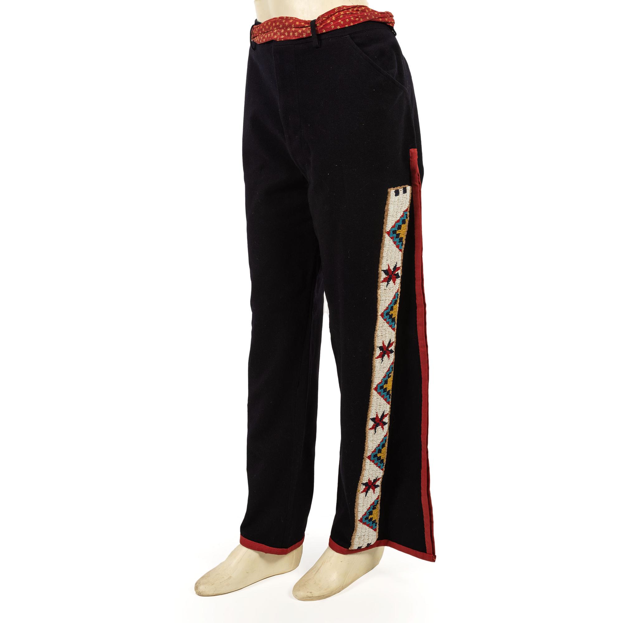 Sioux Beaded Hide Legging Strips, on Naval Wool Pants