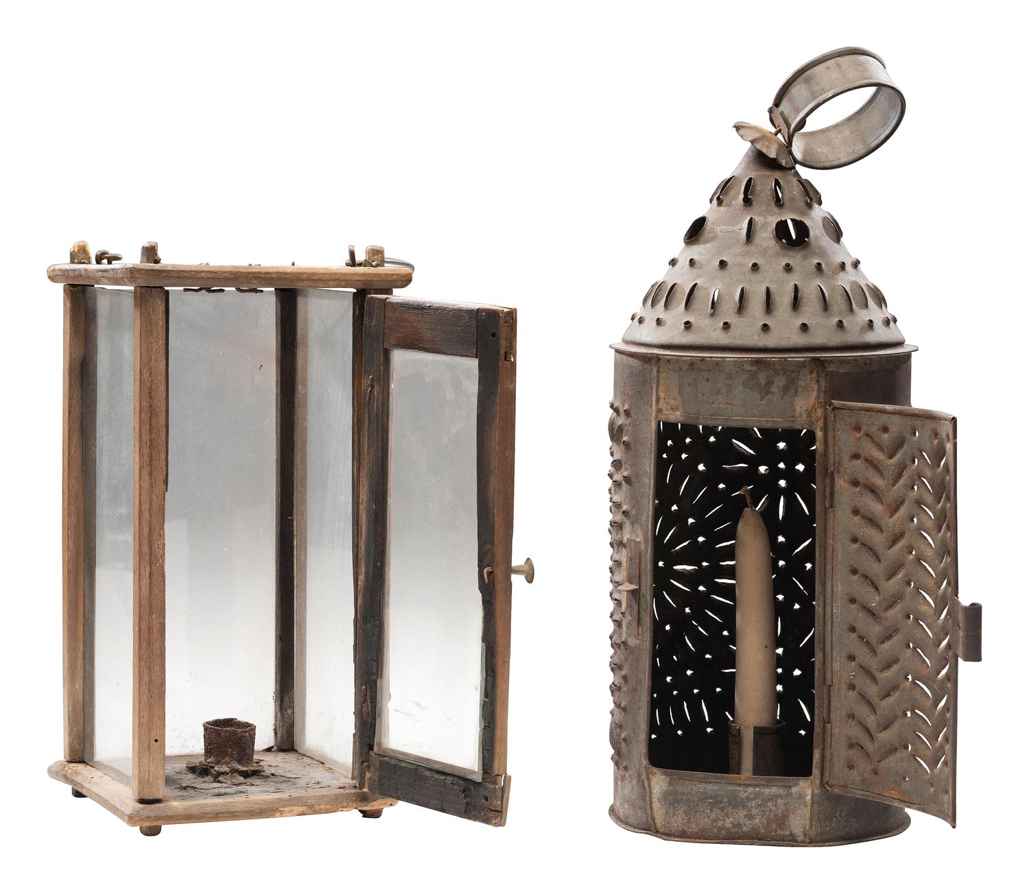[AMERICANA]. A group of lighting implements and a footstool. Ca 18th - early 19th century.