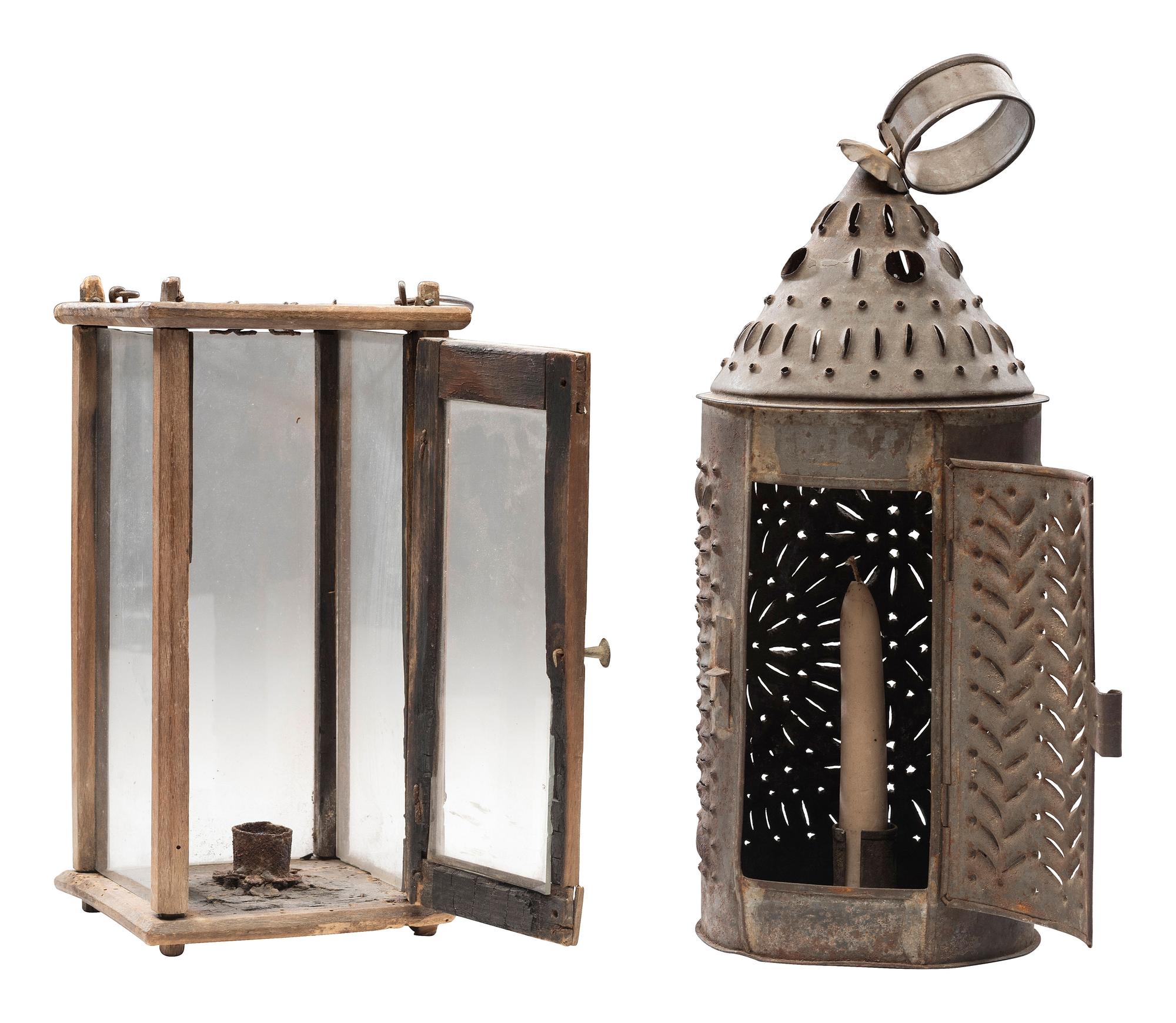 [AMERICANA]. A group of lighting implements and a footstool. Ca 18th - early 19th century.