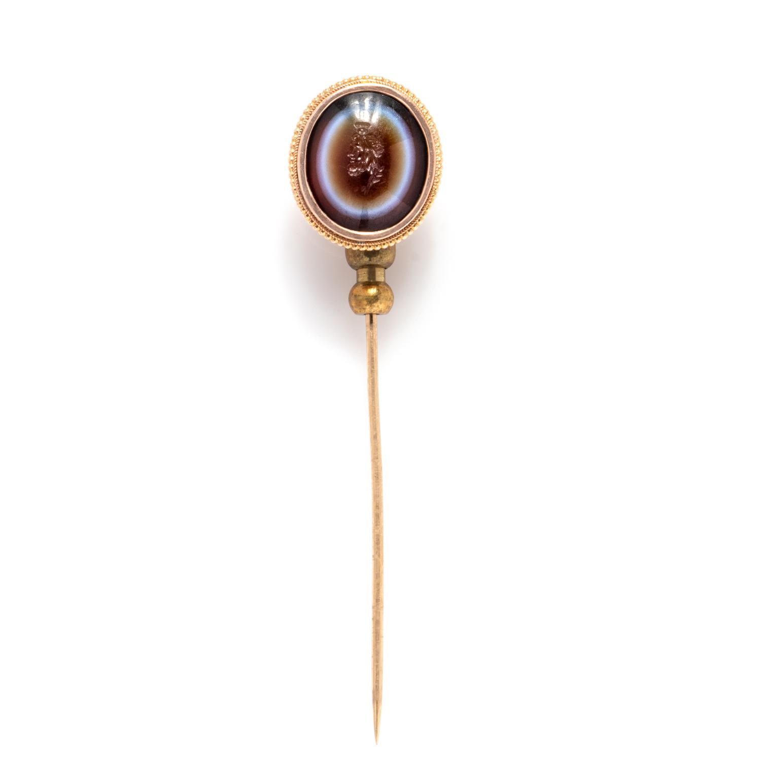A Roman Banded Agate Ring Stone with the God Bacchus — Set in a gold stickpin