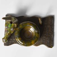 George Ohr (American, 1857-1918) Novelty Inkwell and Pen Tray with Mule in Speckled and Mottled Olive Green and Brown Glaze, Biloxi, Mississippi, USA, circa 1895-1896