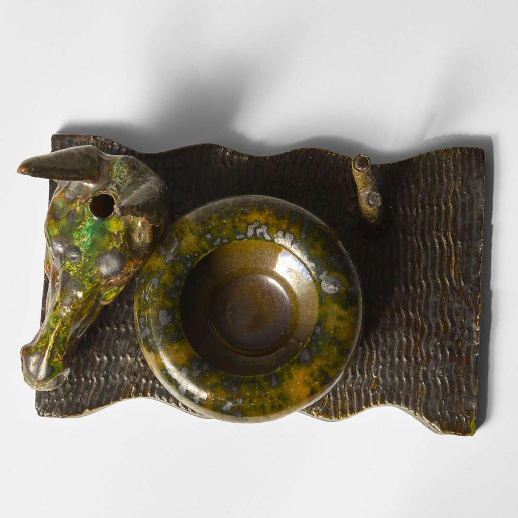 George Ohr (American, 1857-1918) Novelty Inkwell and Pen Tray with Mule in Speckled and Mottled Olive Green and Brown Glaze, Biloxi, Mississippi, USA, circa 1895-1896