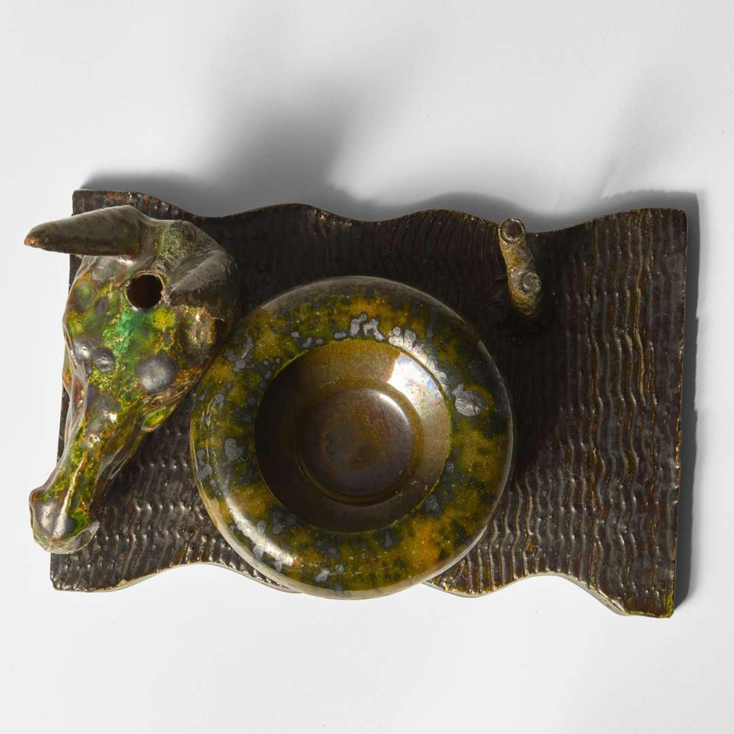 George Ohr (American, 1857-1918) Novelty Inkwell and Pen Tray with Mule in Speckled and Mottled Olive Green and Brown Glaze, Biloxi, Mississippi, USA, circa 1895-1896