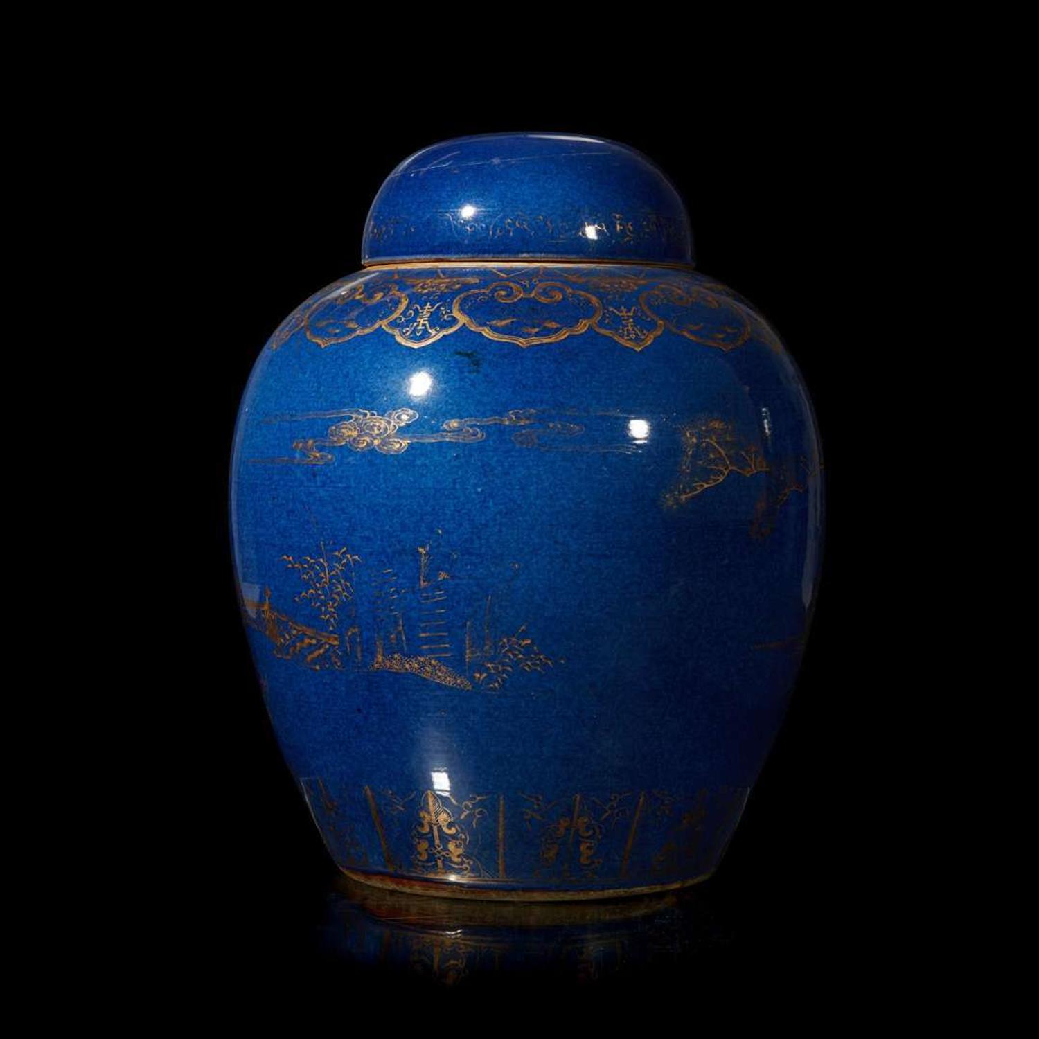 A massive Chinese gilt-decorated powder blue ovoid jar and cover 洒蓝地描金大盖罐 Qing dynasty ?