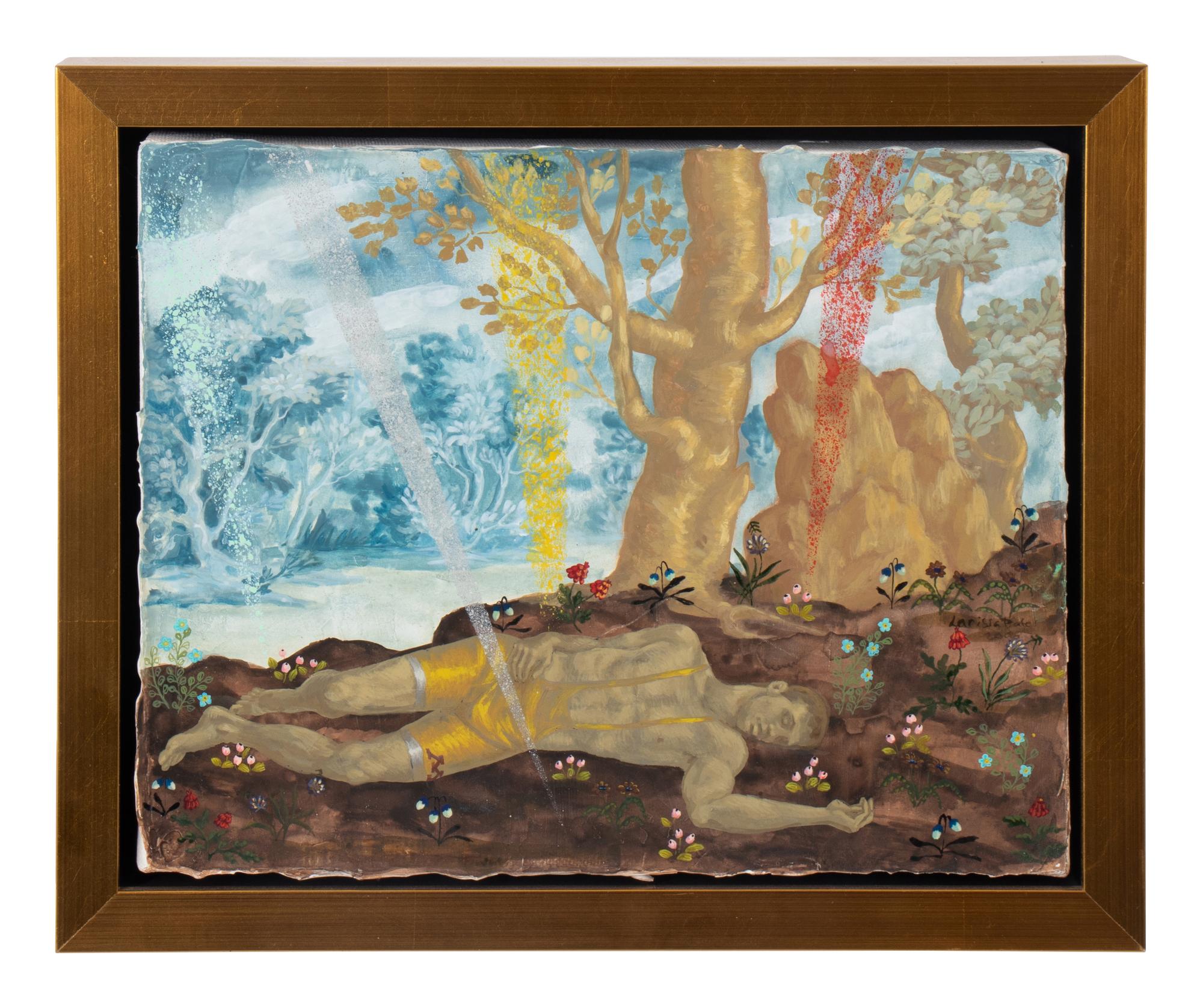 Sleeping Mother, Man with Lazar Beams, after Poussin's Narcissus