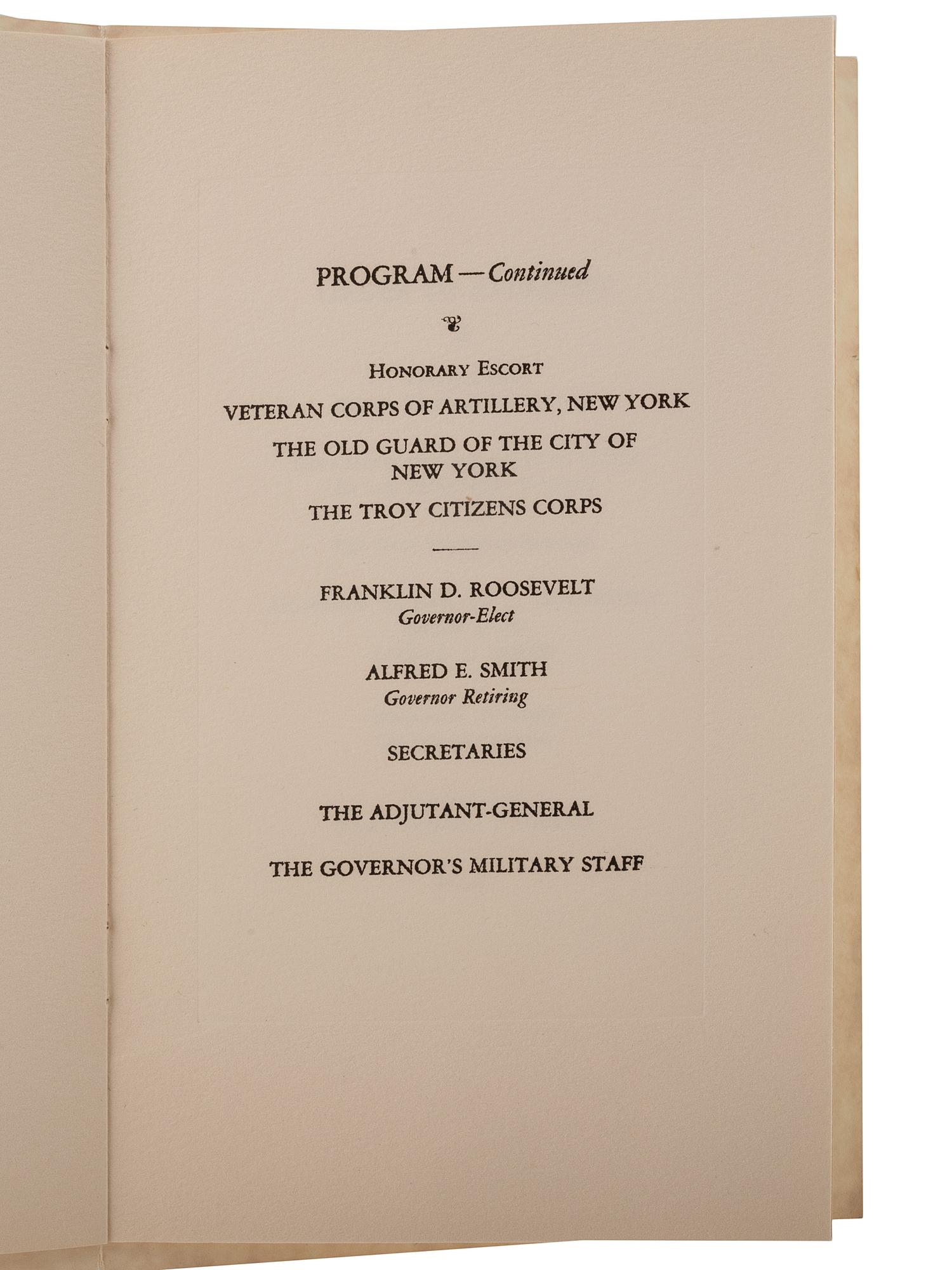 [ROOSEVELT, Franklin Delano (1882-1945)]. A group of invitations, tickets, and programs for FDR's inauguration as New York governor, comprising: