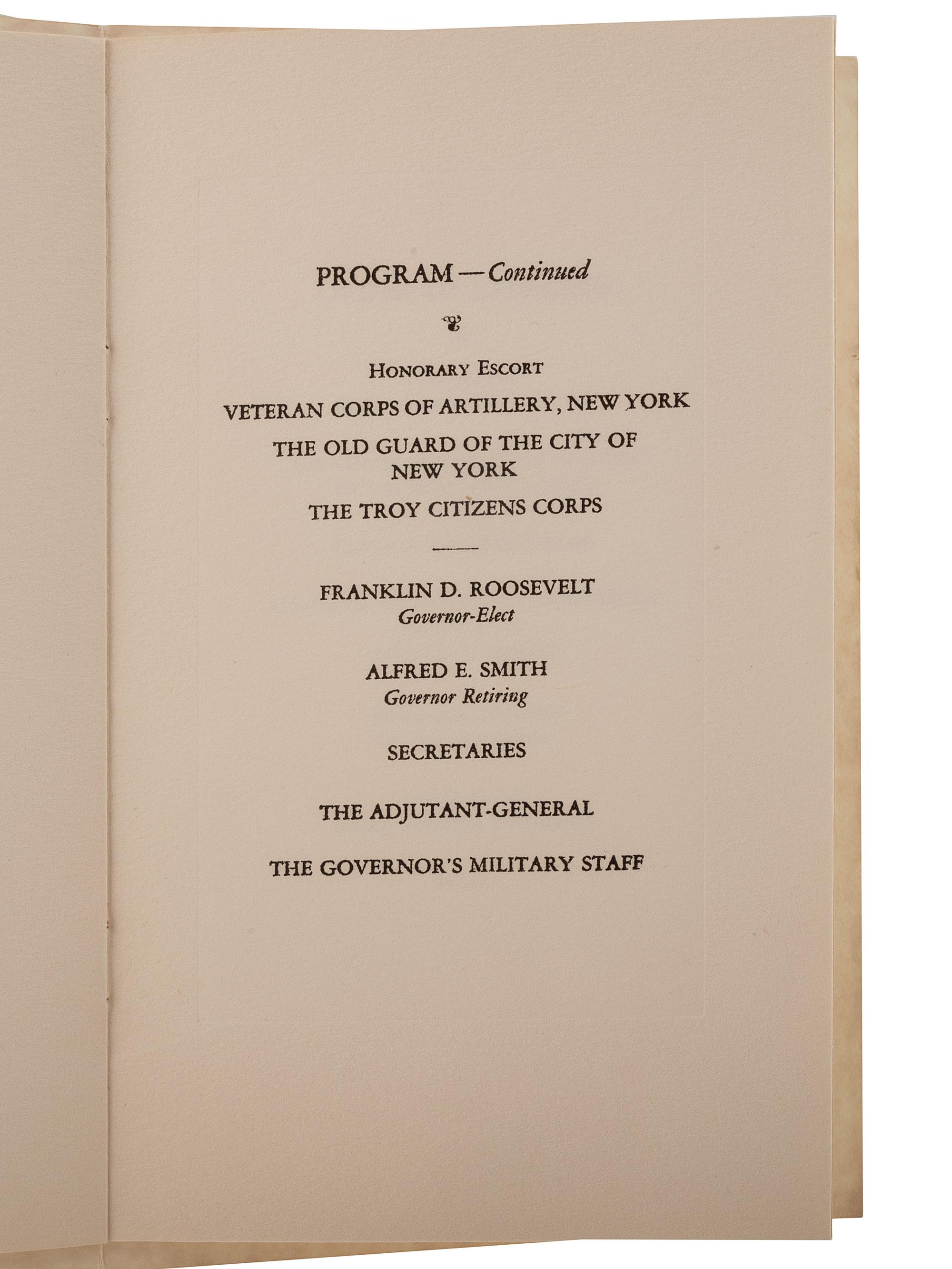 [ROOSEVELT, Franklin Delano (1882-1945)]. A group of invitations, tickets, and programs for FDR's inauguration as New York governor, comprising: