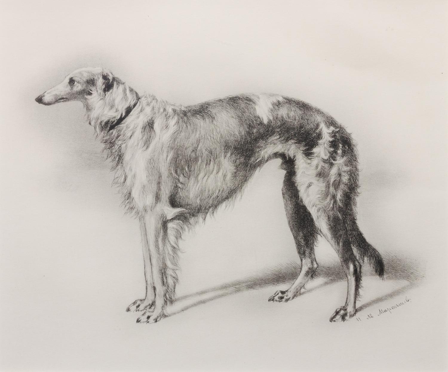 After N.A. Martynow, (Russian, circa 1874-79), Four lithographs after the original etchings,Portraits of Borzois, published circa 1938.