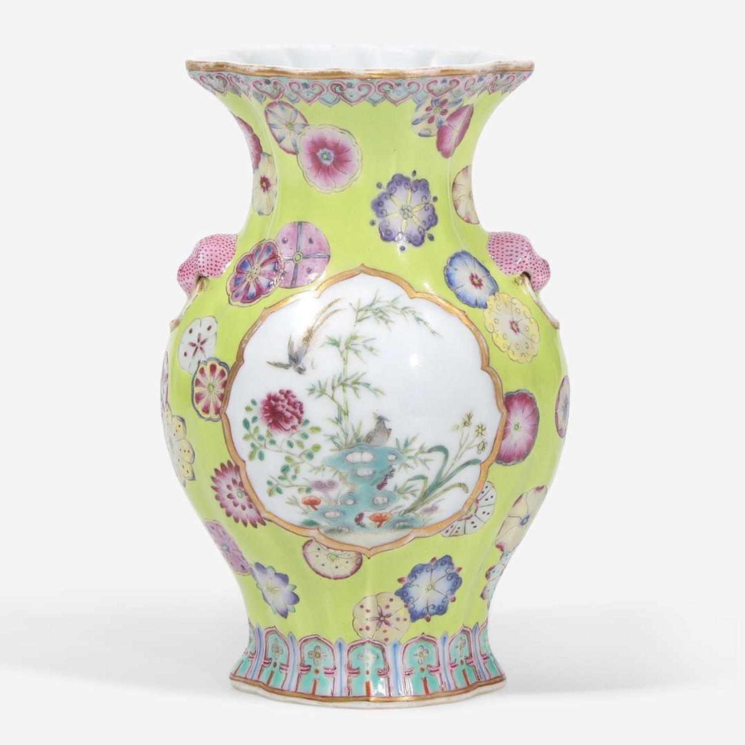 A finely-decorated chartreuse-ground lobed cabinet vase 粉彩黄绿地赏瓶 Qianlong six-character seal mark ?????