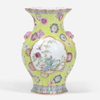 A finely-decorated chartreuse-ground lobed cabinet vase 粉彩黄绿地赏瓶 Qianlong six-character seal mark ?????